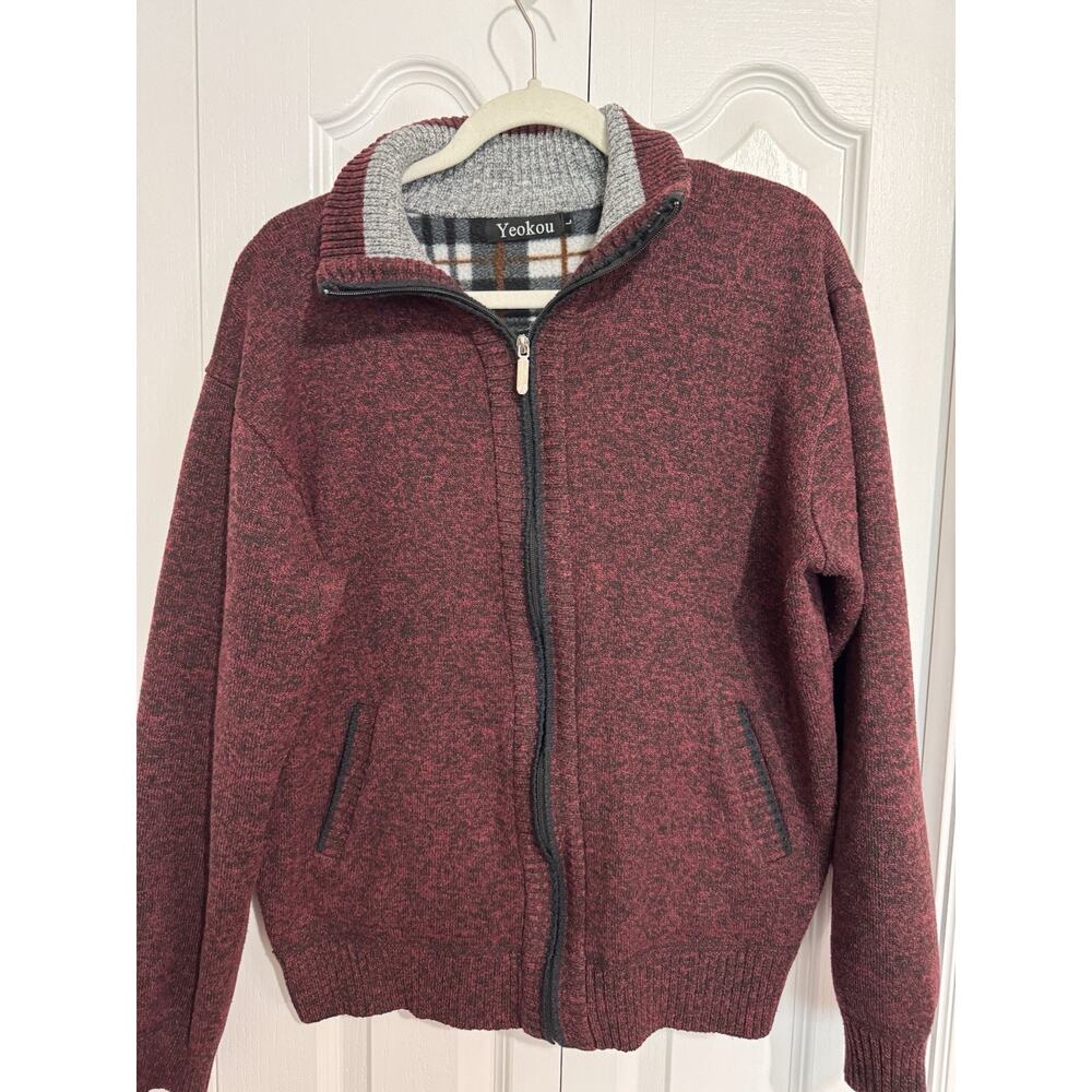 Yeokou Men's Full Zip Knitted Sweater Cashmere Wool Cotton, Lined, Size L